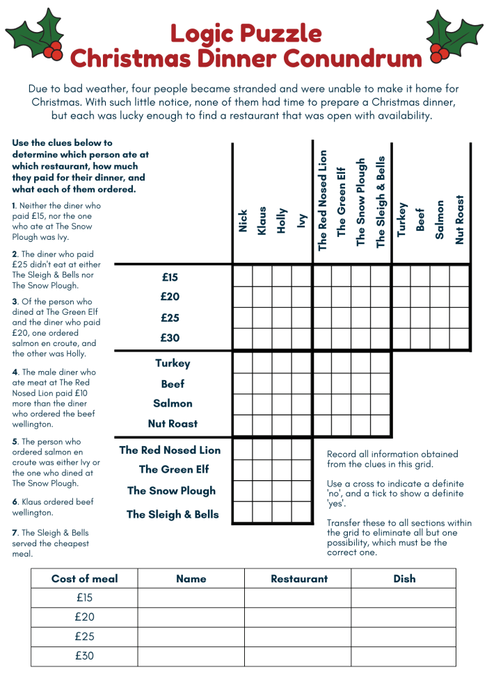 Carnival Conundrum logic puzzle for mixed operations and critical thinking skills in middle school Sixth grade students solving the Carnival Conundrum logic puzzle worksheet with clues and a grid