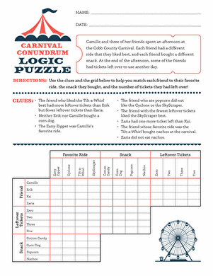 Carnival Conundrum Logic Puzzle worksheet for mixed operations learners, image 18 Sixth grade students solving a Carnival Conundrum logic puzzle matching rides, snacks, and tickets