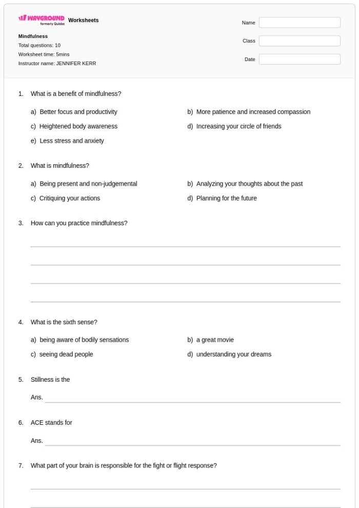 Mindfulness worksheet for sixth graders focusing on emotional awareness and techniques