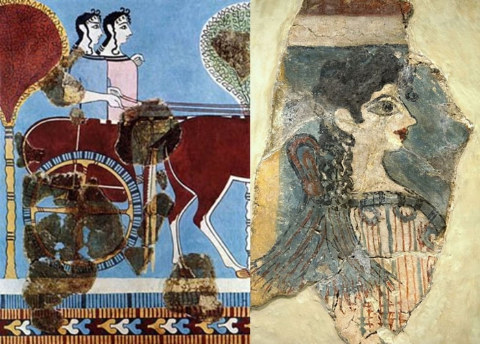 Sixth grade students examining colorful ancient Minoan frescoes to analyze cultural traditions and social practices through visual artwork interpretation