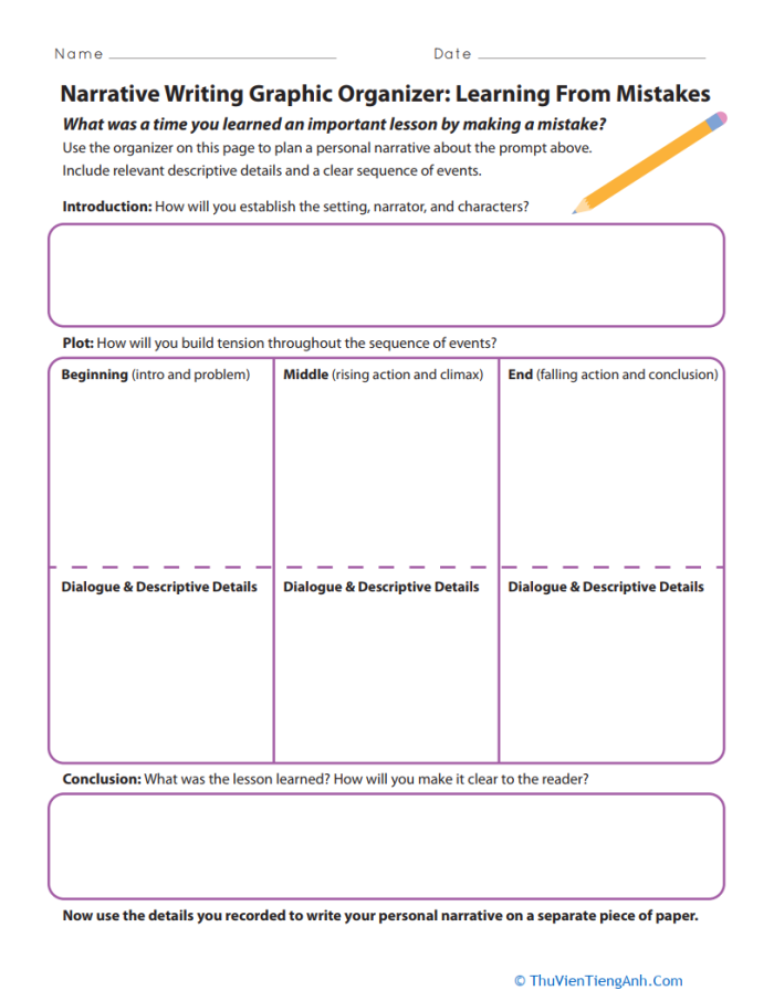 Narrative Writing Organizer for Personal Growth and Reflection worksheet page 11 Sixth grade student using a Narrative Writing Graphic Organizer focused on learning from mistakes