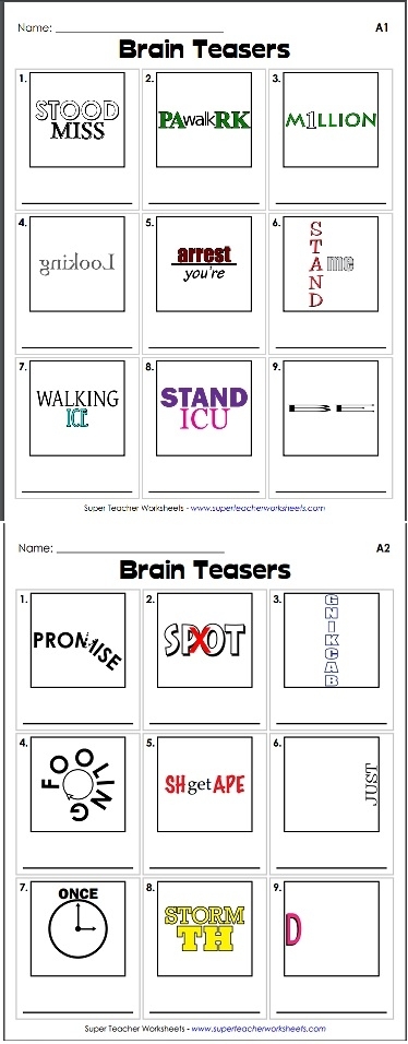 Rebus puzzle brainteasers worksheet designed for sixth-grade learners