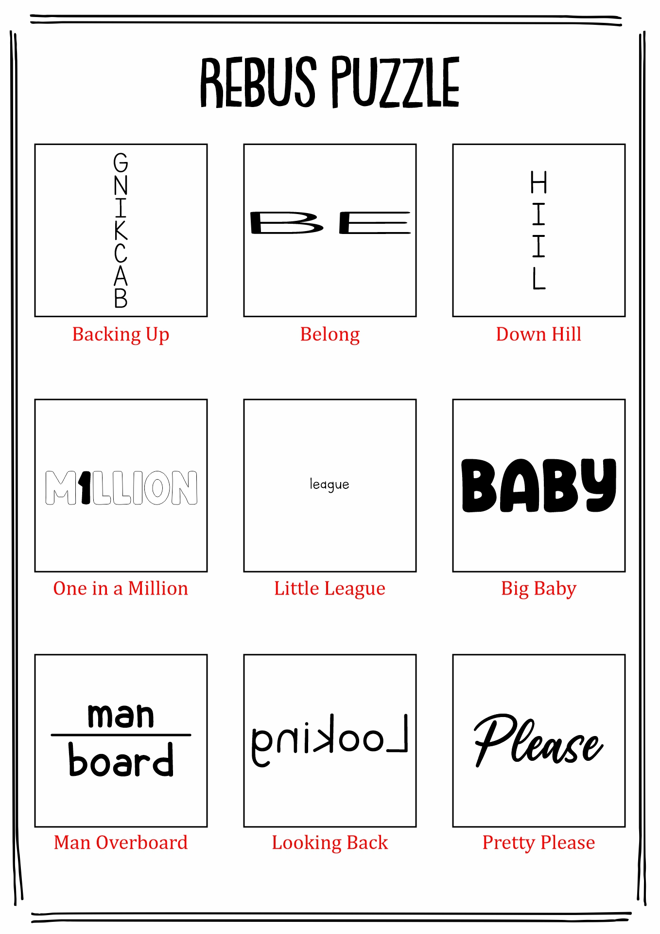 Rebus puzzle brainteasers worksheet designed for sixth-grade learners
