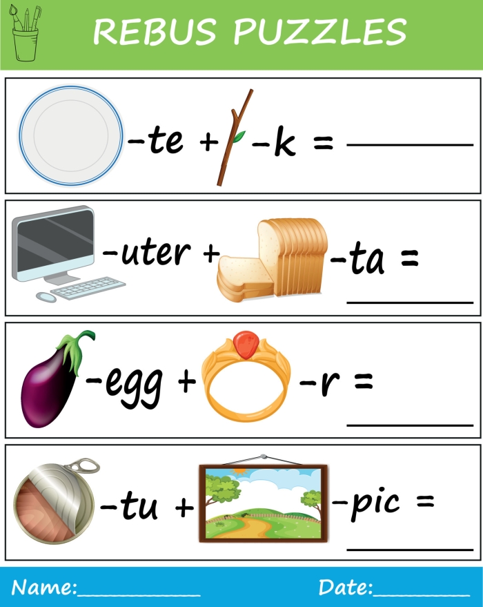 Rebus puzzle brainteasers worksheet designed for sixth graders to enhance grammar skills