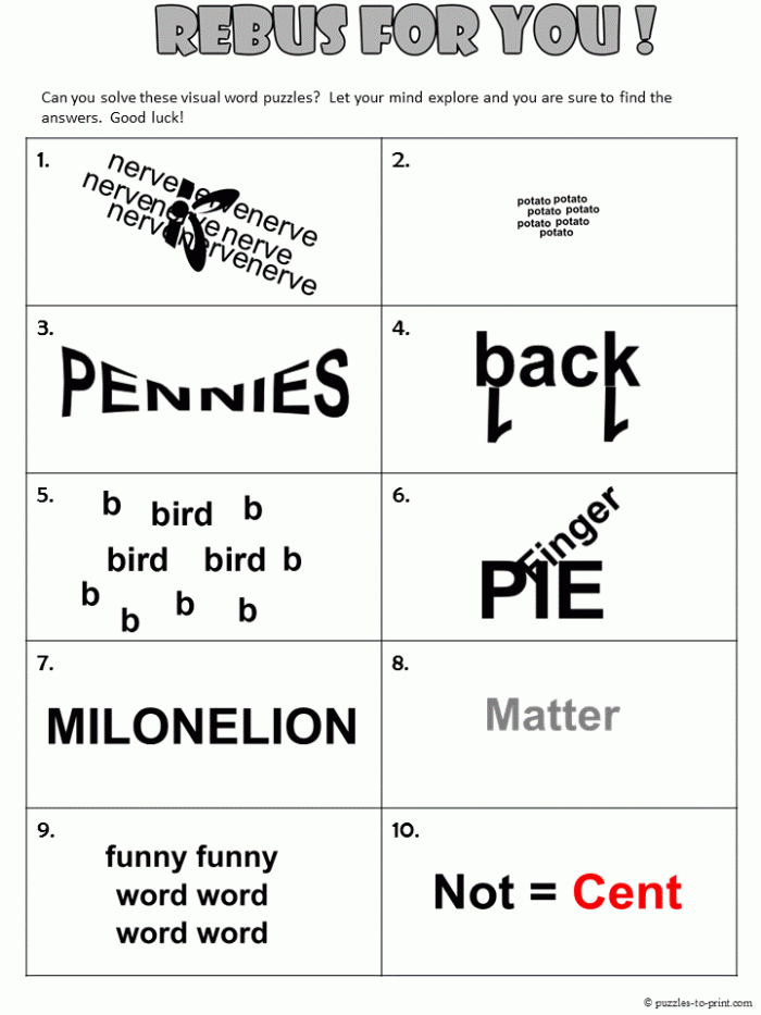 Rebus puzzle brainteasers worksheet designed for sixth graders to enhance grammar skills