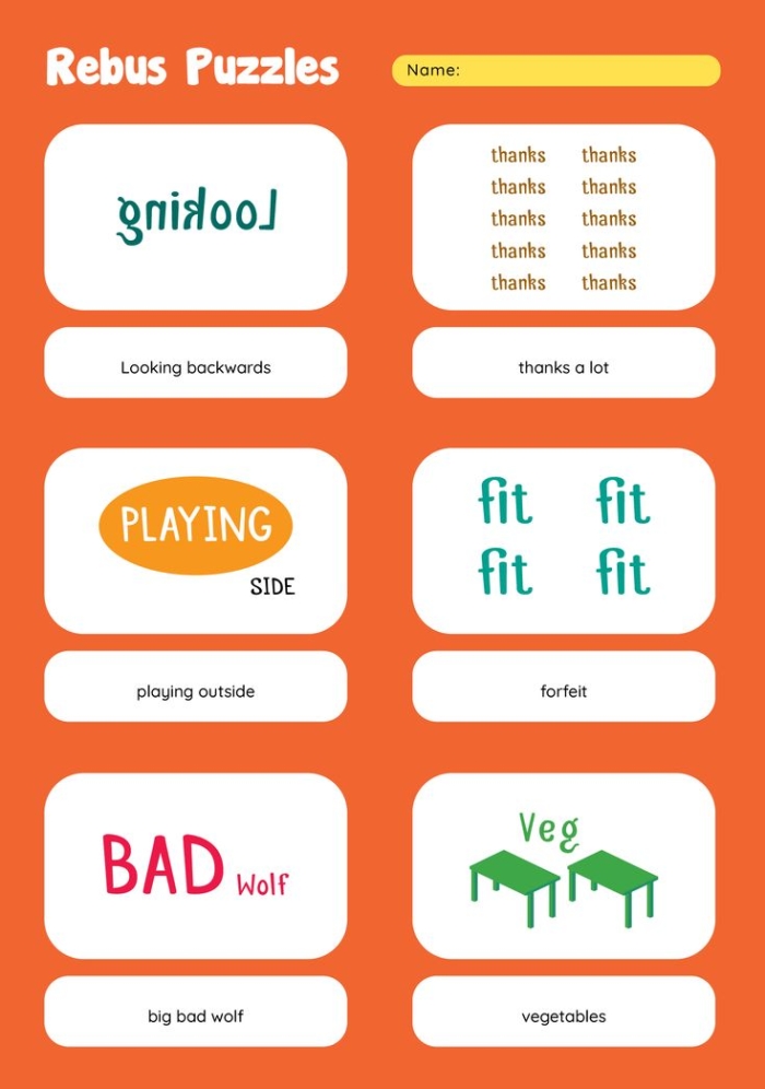 Rebus puzzle brainteasers worksheet for sixth graders to enhance grammar skills