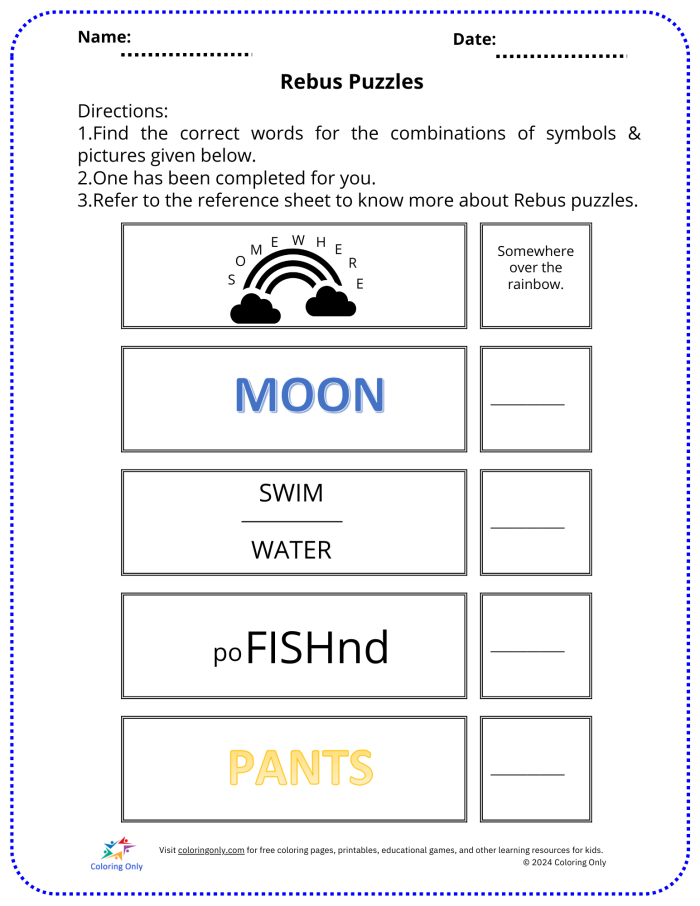 Rebus puzzle brainteasers worksheet designed for sixth graders to enhance grammar skills
