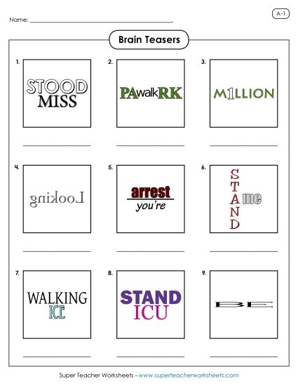 Rebus puzzle brainteasers worksheet for sixth graders to enhance grammar skills