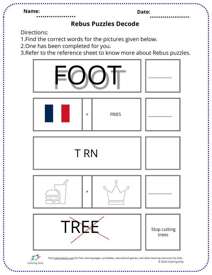Rebus puzzle brainteaser worksheet designed for sixth graders to enhance grammar skills