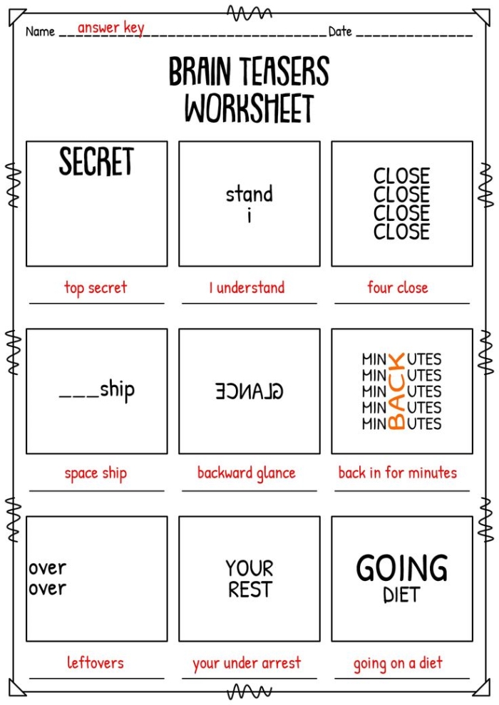 Rebus puzzle brainteasers worksheet designed for sixth graders to enhance grammar skills