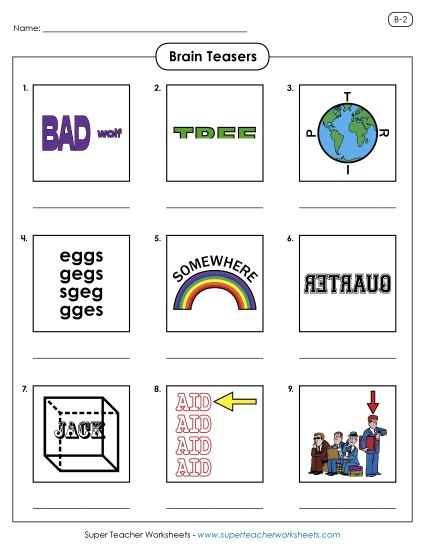 Rebus puzzle brainteasers worksheet for sixth graders, featuring engaging visual clues