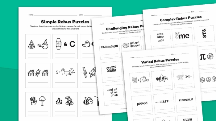 Rebus puzzle brainteasers worksheet designed for sixth graders to enhance grammar skills