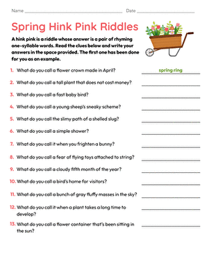 Sixth grade students solving summer hink pink riddles on a colorful worksheet