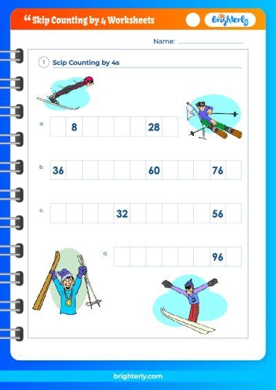 Skip Counting by 4 Math Practice Activity for Elementary Students Image 15 Third grade skip counting by 4 worksheet with candy pieces showing a sequence with missing numbers for students to complete