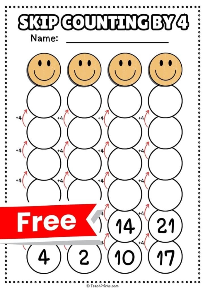 Skip Counting by 4s Math Activity for Elementary Students with Candy Themed Counting Exercise Third grade skip counting by 4 worksheet with candy pieces showing a sequence with missing numbers for children to complete