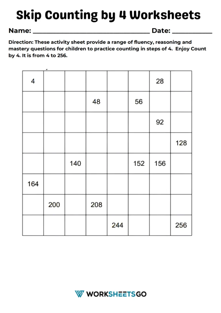 Third grade math practice activity for skip counting by fours with colorful candy graphics Skip counting by 4s worksheet with candy pieces showing number sequence for third grade students to complete missing numbers