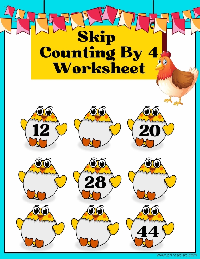 Skip Counting by 4 Math Activity for Elementary Students with Colorful Candy Graphics Third grade skip counting by 4 worksheet with candy pieces showing sequence numbers where students fill in missing values
