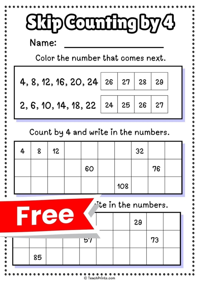 Skip Counting by 4 Candy Activity for Elementary Math Practice Third grade skip counting by 4 worksheet with candy pieces showing number sequence with blanks to fill in