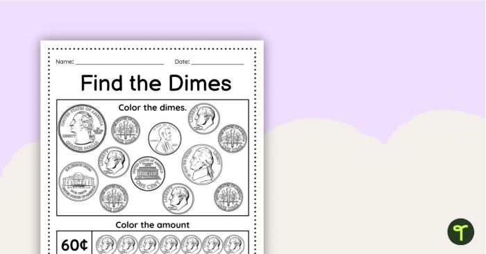 First Grade worksheet for counting dimes and practicing skip counting with coins