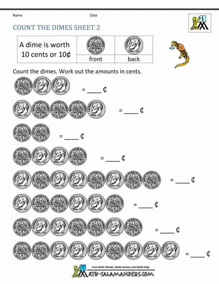 First Grade How Many Dimes worksheet featuring coin counting and skip-counting practice