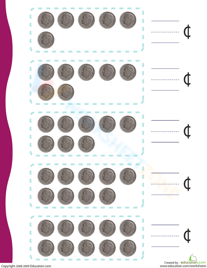 First Grade worksheet featuring coin counting with dimes to practice skip counting