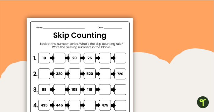 Skip counting patterns worksheet for elementary math learners Third grade student practicing skip counting by 2s, 3s, 4s, 5s, 6s, 7s, 8s and 9s on a hundreds chart