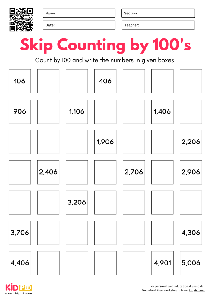 Skip Counting Patterns Activity for Elementary Math Learners Third grade students skip counting by 2s, 3s, 4s, 5s, 6s, 7s, 8s, and 9s on a hundreds chart practice worksheet