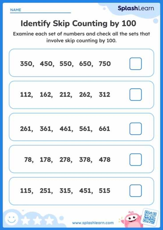 Skip Counting Patterns Activity for Elementary Math Learners Third grade student practicing skip counting by 2s, 3s, 4s, 5s, 6s, 7s, 8s, and 9s using a hundreds chart worksheet