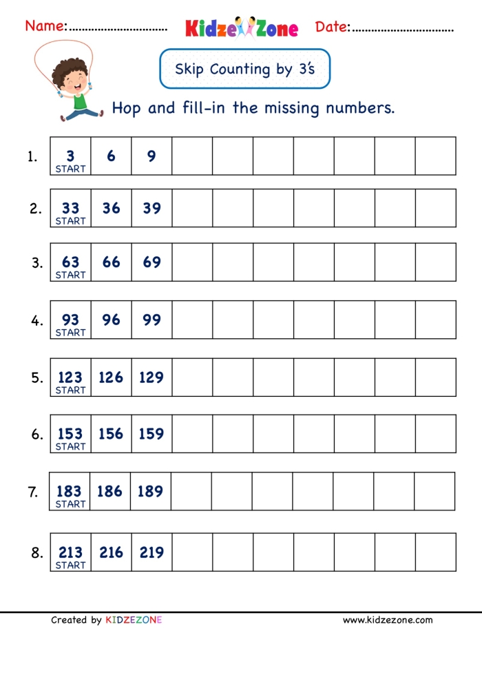 Count by threes exercise for third graders on Earth and Space Science topic number 17 Third grade math worksheet showing kids practicing skip counting by threes
