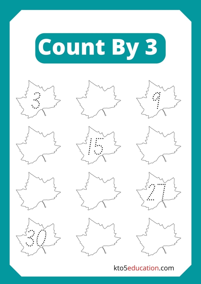 Skip counting exercises with multiples of three in third grade math practice Third grade student practicing skip counting by threes on a math worksheet