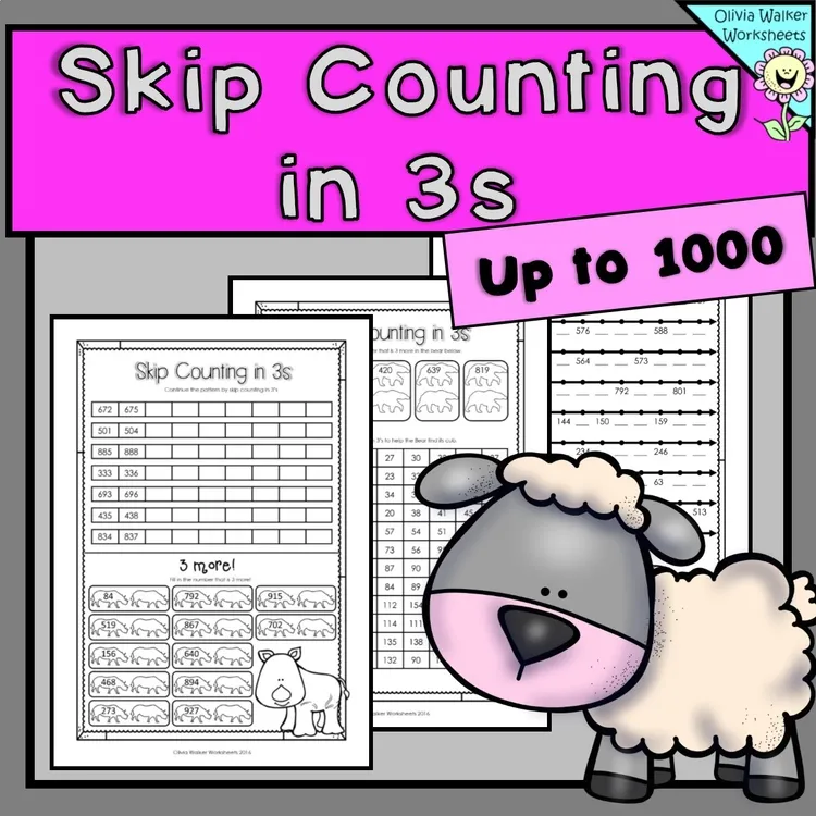 Counting by threes exercise on a worksheet to help kids understand addition and multiples of three Third grade math worksheet showing skip counting by threes for Earth and Space Science