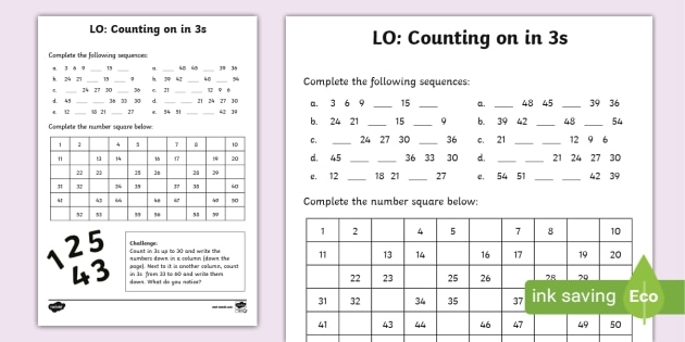 Skip counting by threes math activity for third graders in Earth and Space Science category Third grade math worksheet showing skip counting by threes for kids