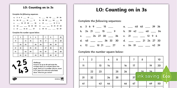 Worksheet for counting in threes aimed at third grade students learning addition and multiples of three Third graders practicing skip counting by threes on a math worksheet related to Earth and Space Science