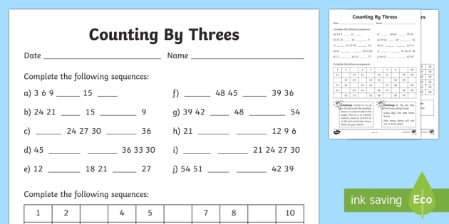 Worksheet for third graders to count by threes, reinforcing addition concepts and multiples of three in math class Third grade students practice skip counting by threes on a math worksheet focused on addition and multiples