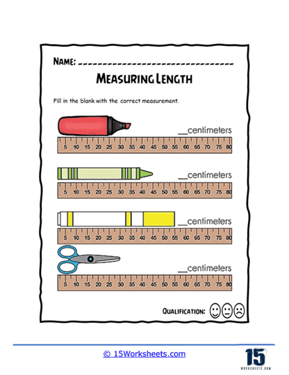 First grader measuring the length of a sneaker using centimeters on a worksheet