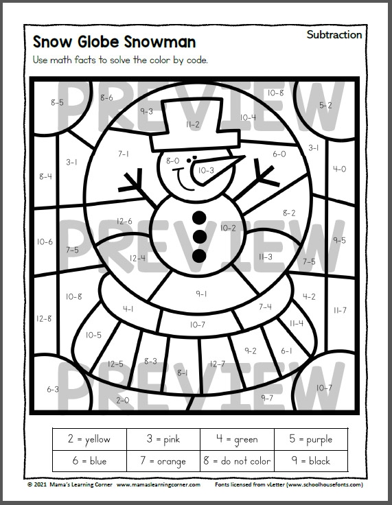 Snowy subtraction practice for third graders worksheet number 3 Third Grade subtraction worksheet with 12 snowy-themed three-digit problems