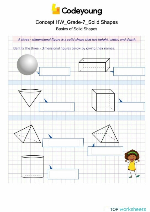 Fourth Grade worksheet featuring geometric solid shapes for addition practice