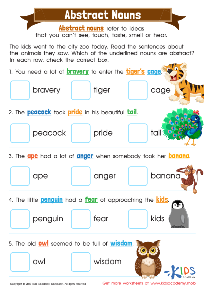 Engaging sort exercise on concrete versus abstract nouns for third graders in geometry class Third grade geometry worksheet for sorting abstract and concrete nouns activity