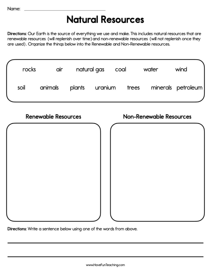 Second grade geography worksheet showing various natural resources to sort into renewable and nonrenewable categories