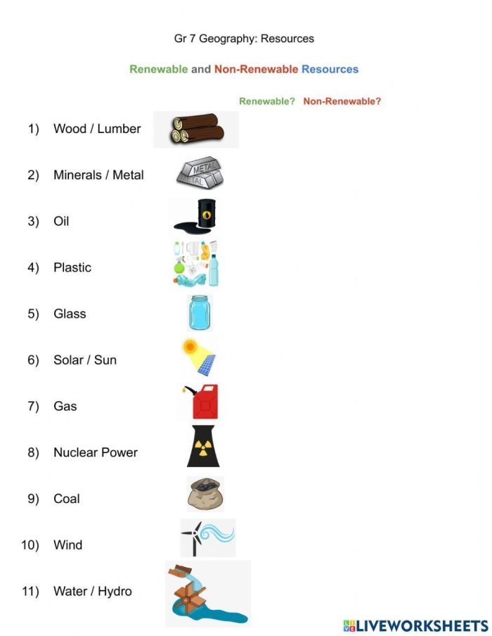 Second grade worksheet for sorting natural resources into renewable and nonrenewable categories