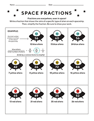 Space Fractions Worksheet Activity 10: Writing and Reducing Fraction Ratios Fourth grade students solving space-themed fraction ratio problems by identifying and simplifying fractions from cosmic objects