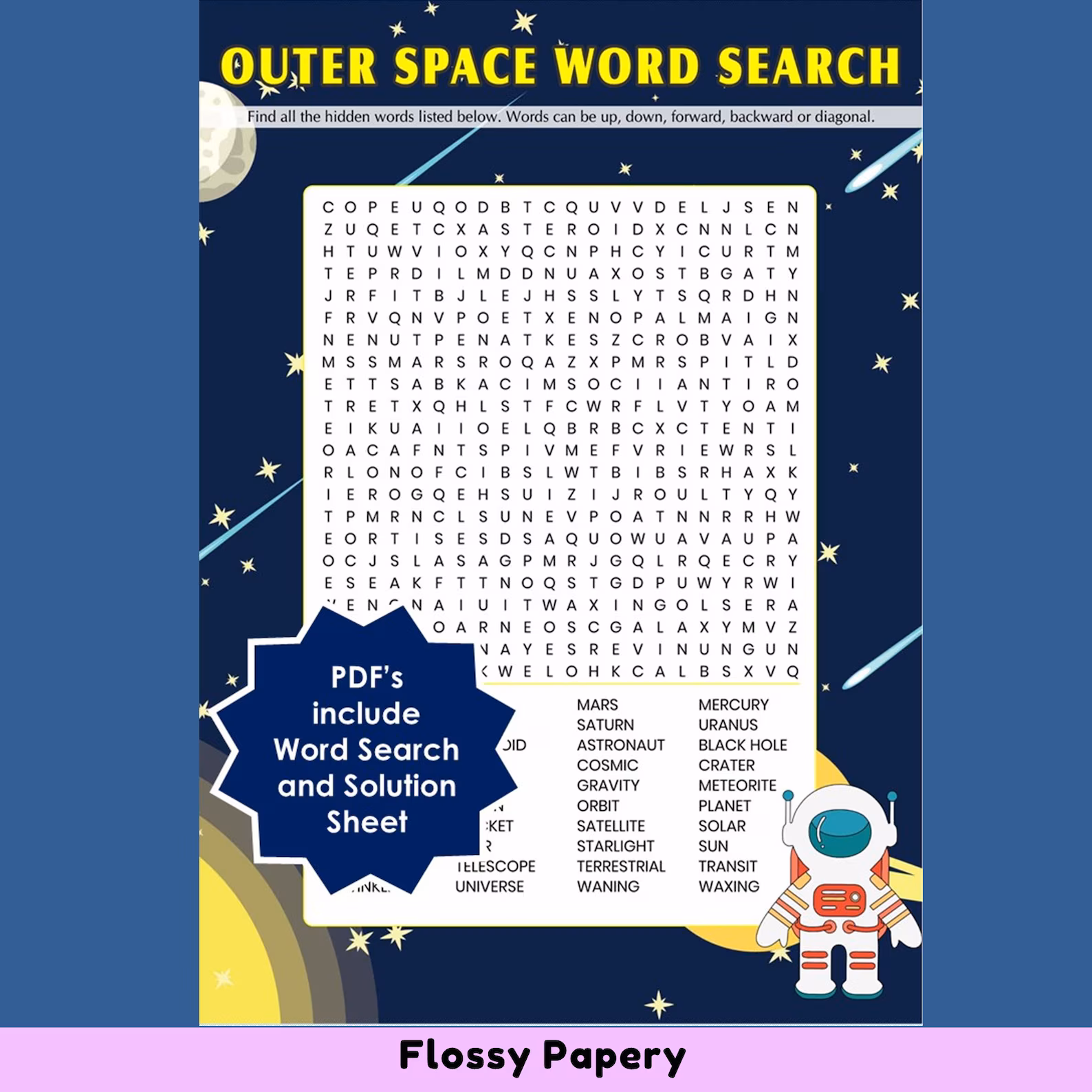 Explore subtraction vocabulary in this fun space-themed word search for young learners Outer Space Word Search worksheet for first grade subtraction practice with a space theme