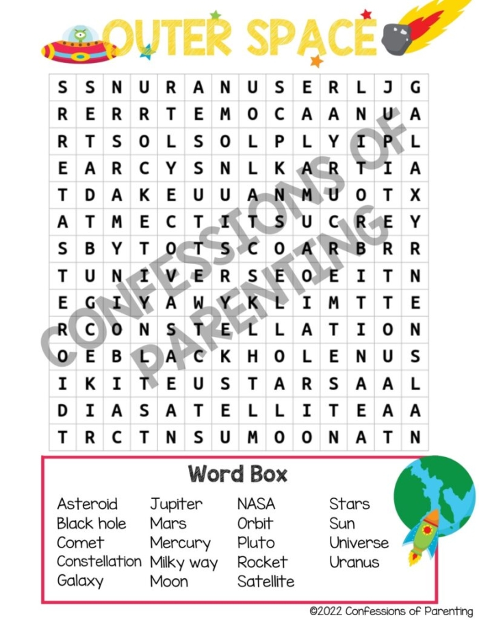 First Grade Subtraction Outer Space Word Search Activity Number 17 Outer Space Word Search worksheet for first grade subtraction practice with space-themed vocabulary
