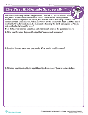 Worksheet for second graders about the historic first all-female spacewalk mission 5 Two female astronauts performing a spacewalk outside the International Space Station in 2019