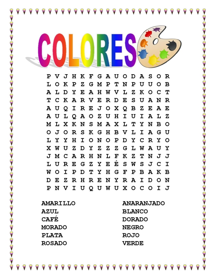 Worksheet for fourth graders to explore colors in Spanish vocabulary Colorful word search featuring Spanish vocabulary for basic colors