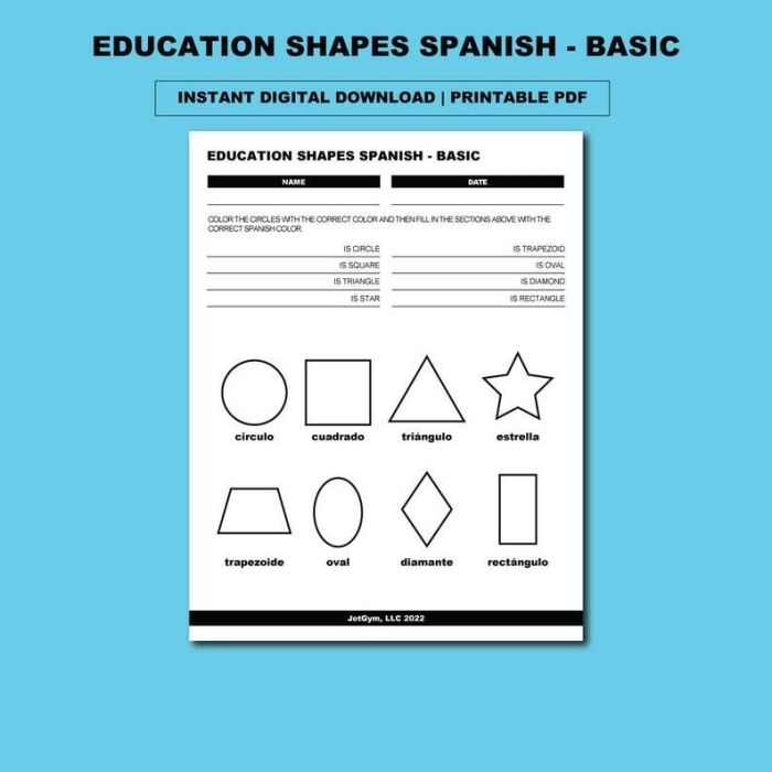 Spanish shapes worksheet for vocabulary practice and grammar skills, image 25 Fourth grade worksheet helping students learn Spanish shape names with spelling and pronunciation