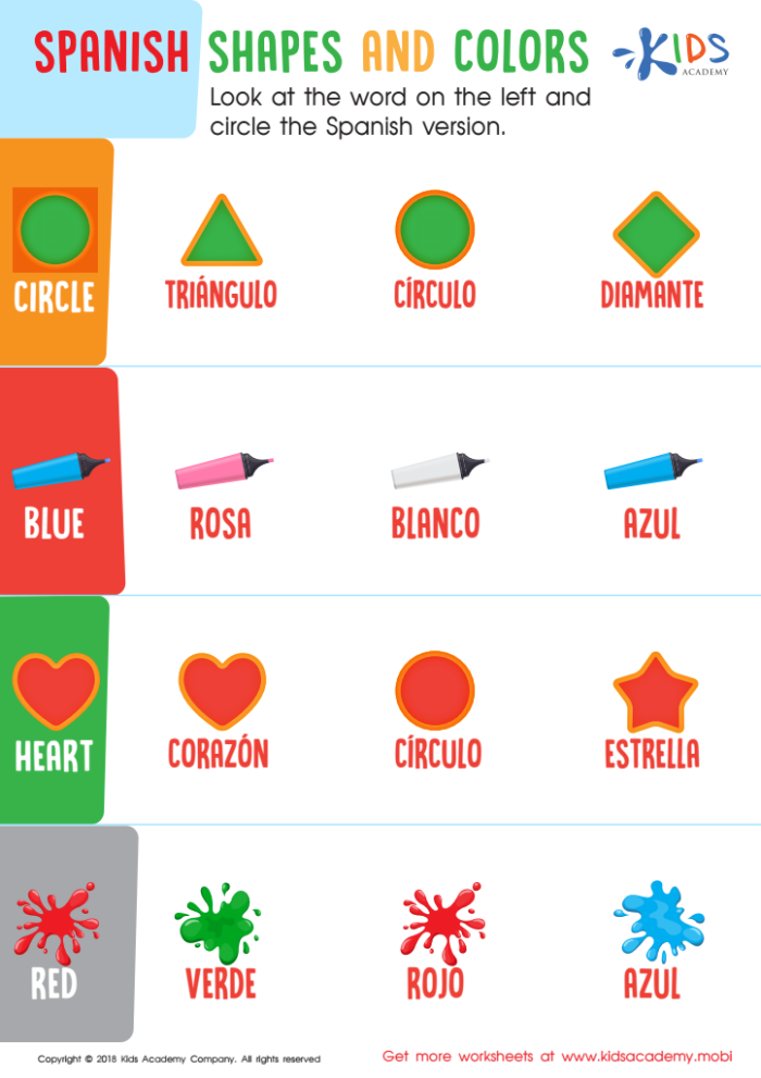 Shapes in Spanish worksheet for building vocabulary skills in grammar and mechanics, image 11 Fourth Grade worksheet teaching Spanish shape words with pictures and pronunciation tips