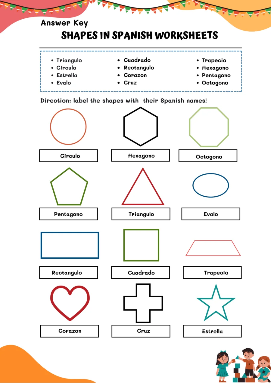 Practice spelling and saying shapes in Spanish with this fun worksheet 17 Fourth Grade Spanish worksheet teaching shape names and pronunciation