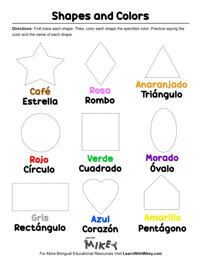 Spanish shapes vocabulary practice worksheet for kids learning grammar and mechanics Fourth grade Spanish worksheet teaching shape names and pronunciation