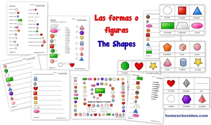 Interactive worksheet for learning and practicing Spanish vocabulary on shapes for fourth graders Fourth grade Spanish worksheet featuring colorful shapes with their Spanish names and pronunciation guides